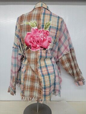 Patchwork Plaid Shirt Shacket with Flowers - Handcrafted Cottage Grunge
